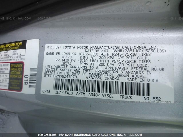 5TETU62N38Z470791 - 2008 TOYOTA TACOMA PRERUNNER ACCESS CAB SILVER photo 9