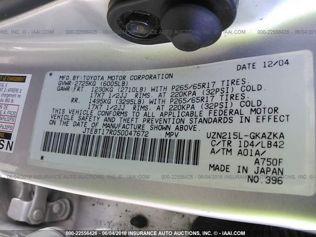 JTEBT17R050047672 - 2005 TOYOTA 4RUNNER LIMITED SILVER photo 9