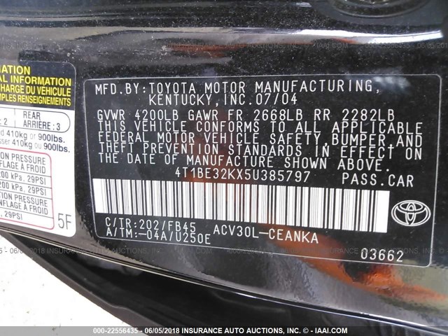 4T1BE32KX5U385797 - 2005 TOYOTA CAMRY LE/XLE/SE Qara foto 9