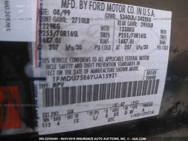 1FMDU75E6YUA15931 - 2000 FORD EXPLORER LIMITED 黑色 照片 9