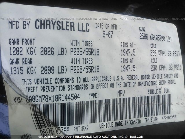 2A8GM78X18R144504 - 2008 CHRYSLER PACIFICA LIMITED BLACK photo 9