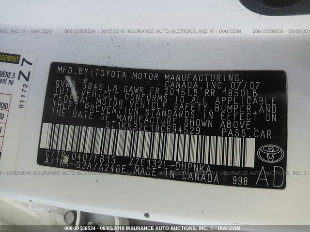 2T1KR32E18C694529 - 2008 TOYOTA COROLLA MATRIX XR WHITE photo 9