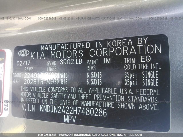 KNDJN2A22H7480286 - 2017 KIA SOUL GRAY photo 9