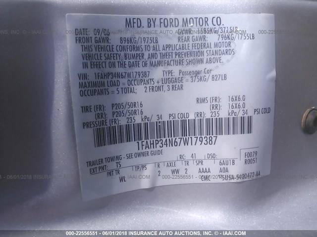 1FAHP34N67W179387 - 2007 FORD FOCUS ZX4/S/SE/SES 银色 照片 9