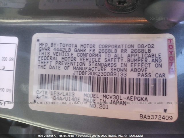 JTDBF30K230089133 - 2003 TOYOTA CAMRY LE/XLE GRAY photo 9