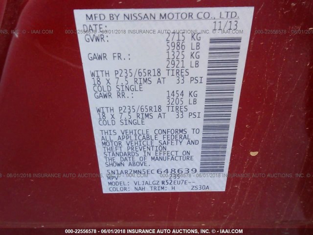 5N1AR2MN5EC648639 - 2014 NISSAN PATHFINDER S/SV/SL/PLATINUM 栗色 照片 9