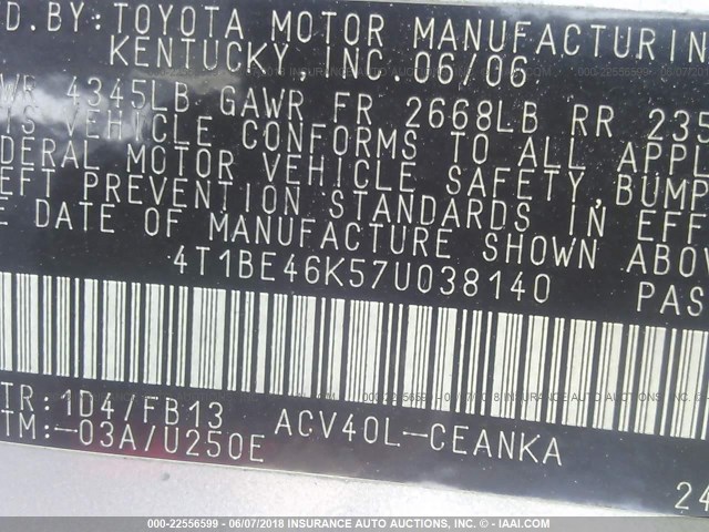 4T1BE46K57U038140 - 2007 TOYOTA CAMRY NEW GENERAT CE/LE/XLE/SE SILVER photo 9