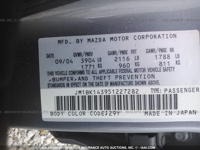 JM1BK143951227282 - 2005 MAZDA 3 HATCHBACK GRAY photo 9