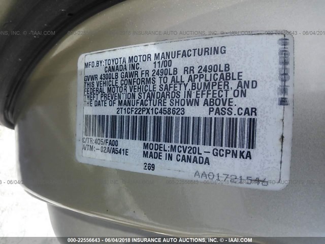 2T1CF22PX1C458623 - 2001 TOYOTA CAMRY SOLARA SE/SLE ოქროსფერი ფოტო 9