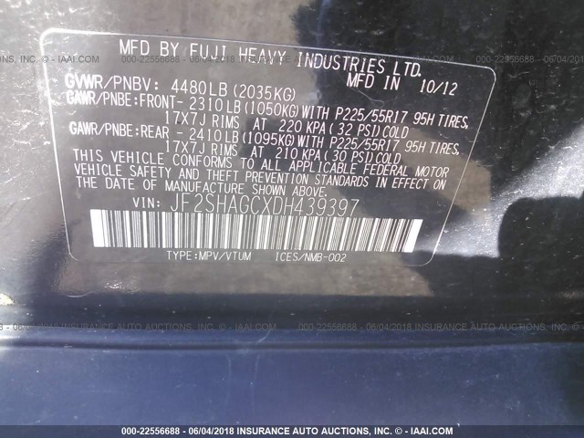 JF2SHAGCXDH439397 - 2013 SUBARU FORESTER TOURING 黑色 照片 9