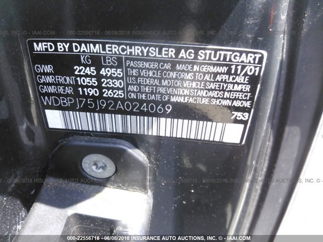 WDBPJ75J92A024069 - 2002 MERCEDES-BENZ CL 500 GRAY photo 9