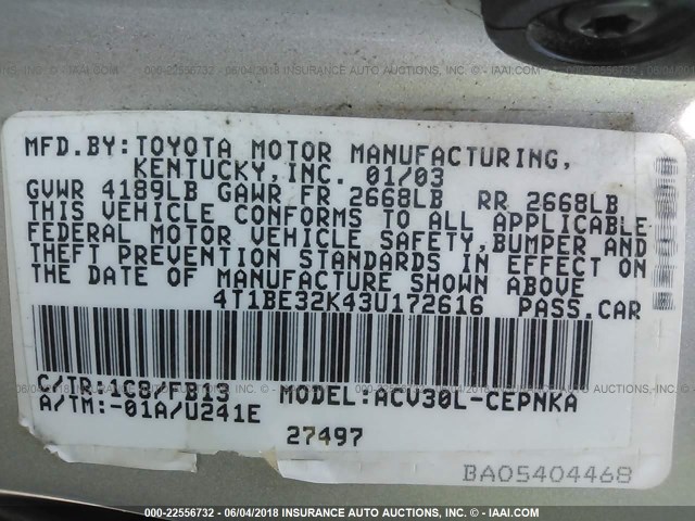 4T1BE32K43U172616 - 2003 TOYOTA CAMRY LE/XLE/SE ვერცხლისფერი ფოტო 9