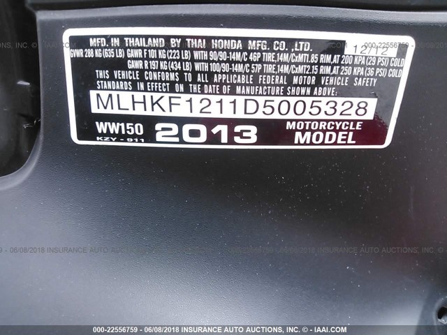 MLHKF1211D5005328 - 2013 HONDA PCX 150 RED photo 10