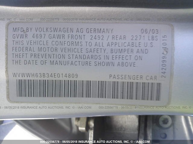 WVWWH63B34E014809 - 2004 VOLKSWAGEN PASSAT GLX 银色 照片 9