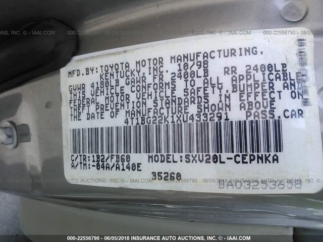 4T1BG22K1XU433291 - 1999 TOYOTA CAMRY CE/LE/XLE GRAY photo 9