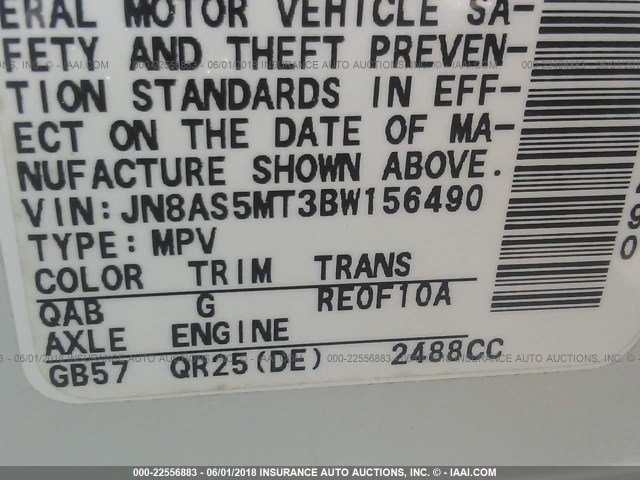 JN8AS5MT3BW156490 - 2011 NISSAN ROGUE S/SV/KROM WHITE photo 9