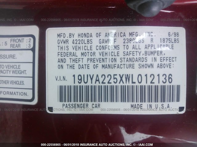 19UYA225XWL012136 - 1998 ACURA 3.0CL Burgund zdjęcie 9