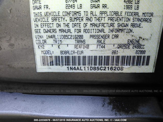 1N4AL11D85C216208 - 2005 NISSAN ALTIMA S/SL Champagne photo 9