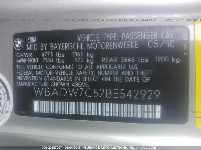 WBADW7C52BE542929 - 2011 BMW 328 I SULEV GOLD photo 9