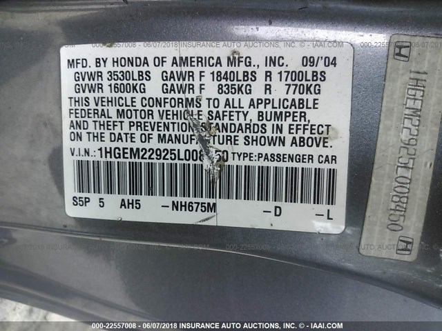 1HGEM22925L008450 - 2005 HONDA CIVIC EX GRAY photo 9