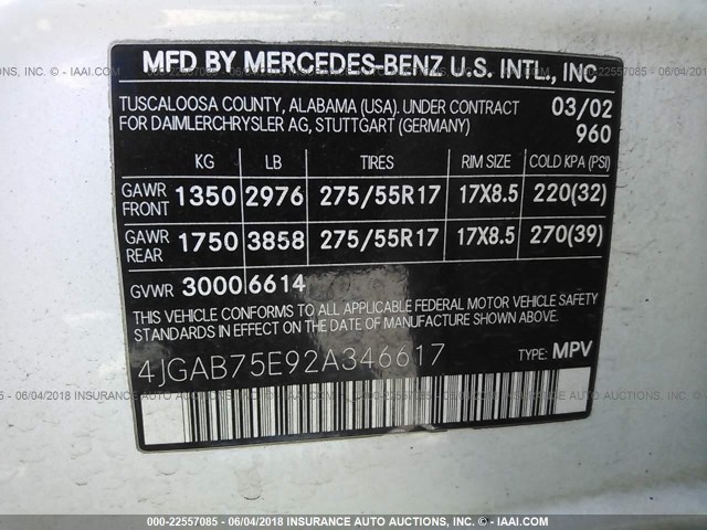 4JGAB75E92A346617 - 2002 MERCEDES-BENZ ML 500 WHITE photo 9