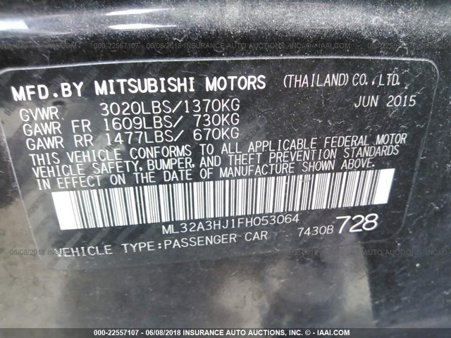 ML32A3HJ1FH053064 - 2015 MITSUBISHI MIRAGE DE BLACK photo 9
