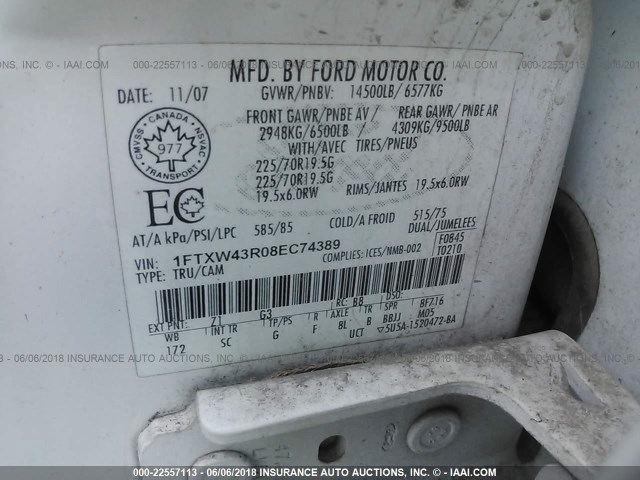 1FTXW43R08EC74389 - 2008 FORD F450 SUPER DUTY WHITE photo 10