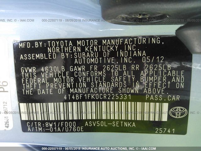 4T4BF1FK0CR225331 - 2012 TOYOTA CAMRY SE/LE/XLE ლურჯი ფოტო 9