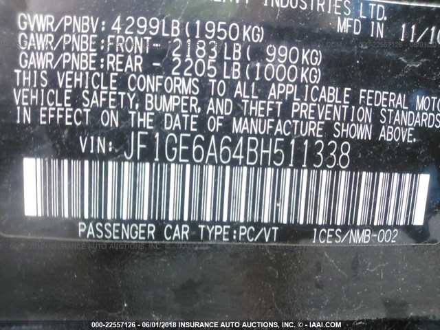 JF1GE6A64BH511338 - 2011 SUBARU IMPREZA 2.5I BLACK photo 9