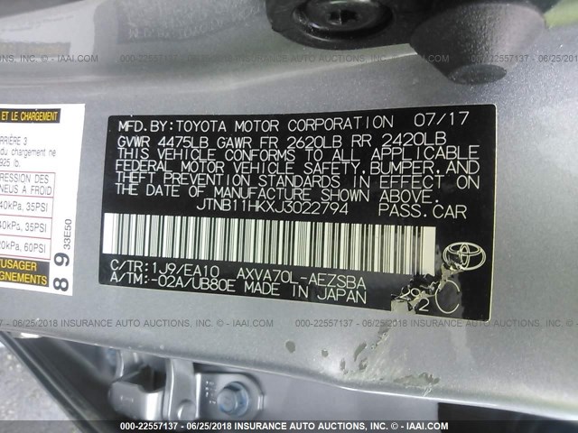 JTNB11HKXJ3022794 - 2018 TOYOTA CAMRY L/LE/XLE/SE/XSE SILVER photo 9