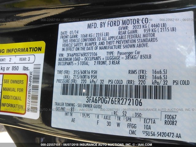 3FA6P0G76ER272106 - 2014 FORD FUSION S BLACK photo 9