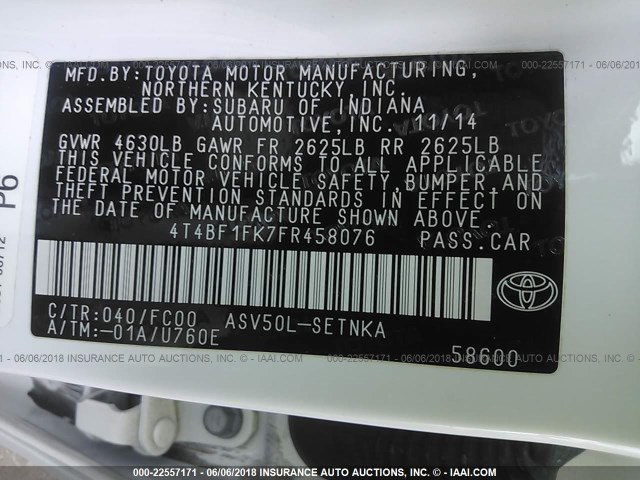 4T4BF1FK7FR458076 - 2015 TOYOTA CAMRY LE/XLE/SE/XSE თეთრი ფოტო 9