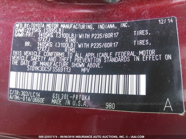 5TDYK3DC5FS569113 - 2015 TOYOTA SIENNA XLE/LIMITED RED photo 9