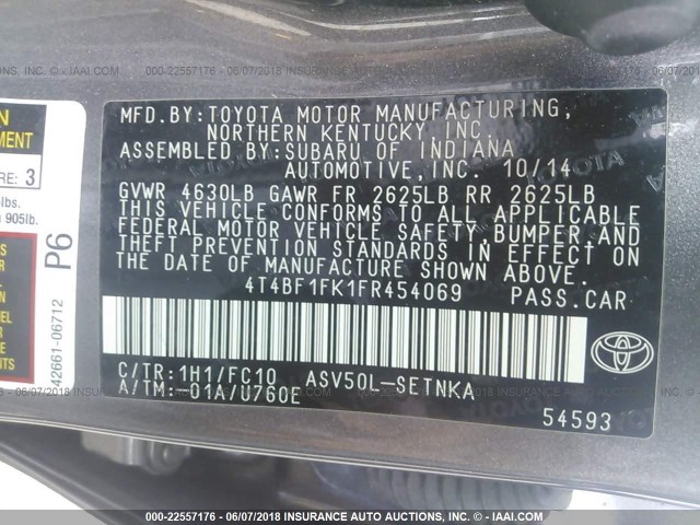4T4BF1FK1FR454069 - 2015 TOYOTA CAMRY LE/XLE/SE/XSE GRAY photo 9