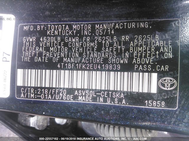 4T1BF1FK2EU419839 - 2014 TOYOTA CAMRY L/SE/LE/XLE 黑色 照片 9