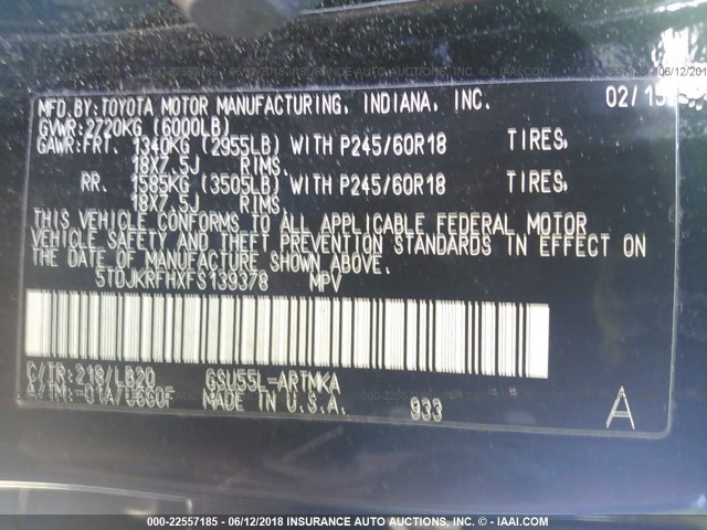 5TDJKRFHXFS139378 - 2015 TOYOTA HIGHLANDER XLE 黑色 照片 9