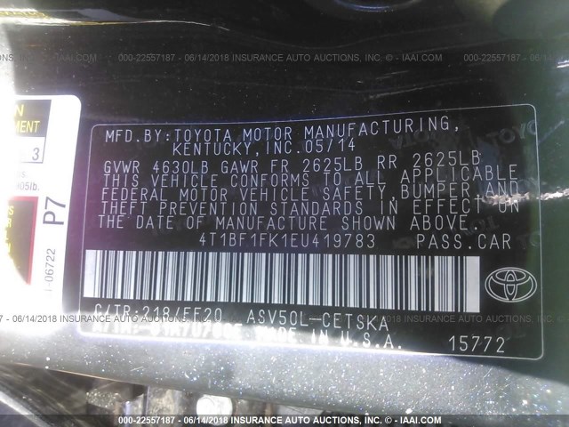 4T1BF1FK1EU419783 - 2014 TOYOTA CAMRY L/SE/LE/XLE 黑色 照片 9