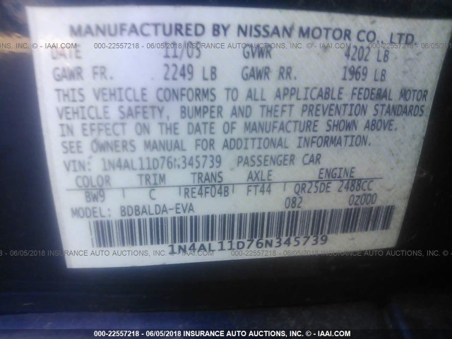 1N4AL11D76N345739 - 2006 NISSAN ALTIMA S/SL BLUE photo 9