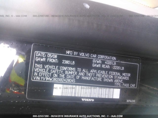 YV1MW382X82428045 - 2008 VOLVO V50 2.4I BLACK photo 9