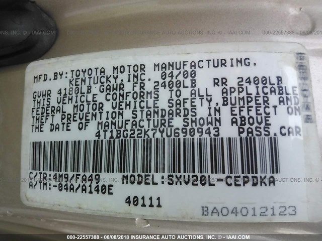 4T1BG22K7YU690943 - 2000 TOYOTA CAMRY CE/LE/XLE GOLD photo 9