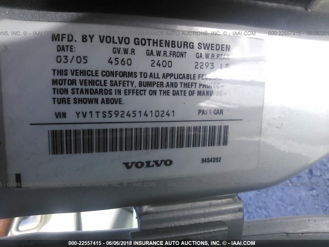 YV1TS592451410241 - 2005 VOLVO S80 2.5T SILVER photo 9