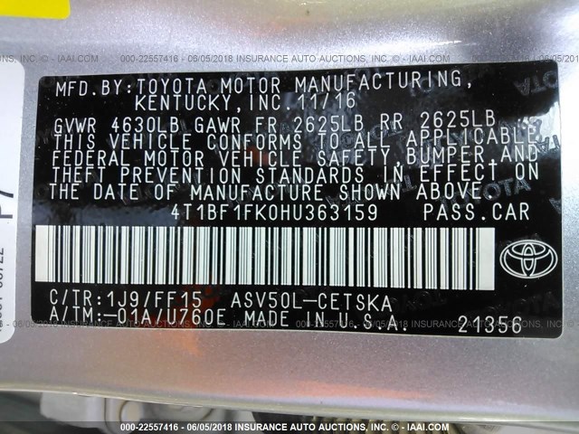 4T1BF1FK0HU363159 - 2017 TOYOTA CAMRY LE/XLE/SE/XSE SILVER photo 9