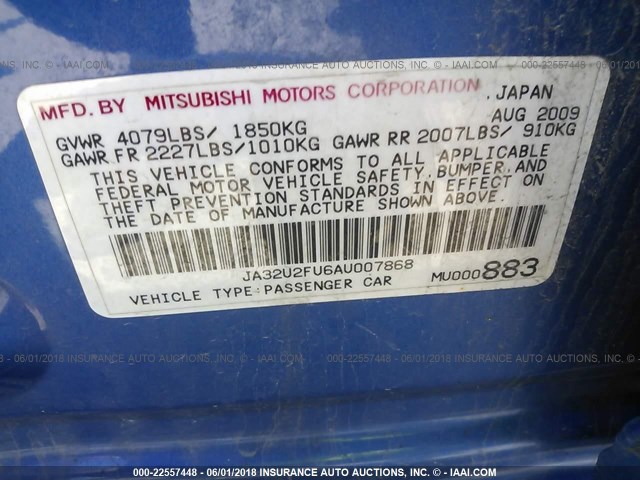 JA32U2FU6AU007868 - 2010 MITSUBISHI LANCER ES/ES SPORT BLUE photo 9