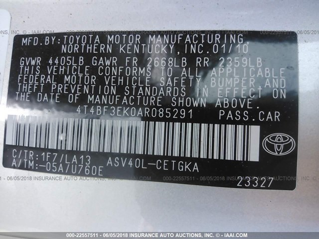 4T4BF3EK0AR085291 - 2010 TOYOTA CAMRY SE/LE/XLE ვერცხლისფერი ფოტო 9