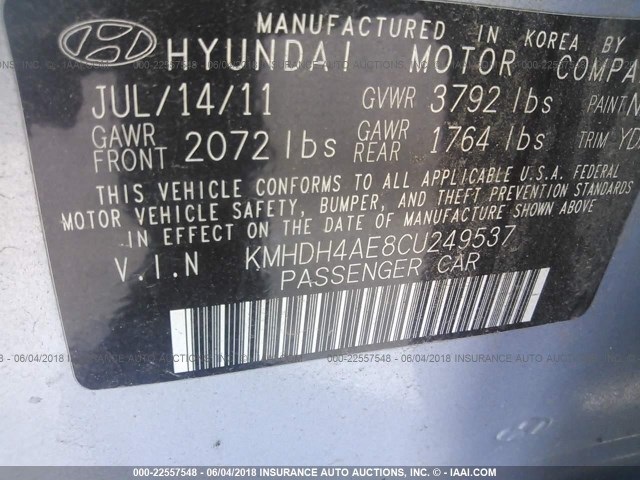 KMHDH4AE8CU249537 - 2012 HYUNDAI ELANTRA GLS/LIMITED BLUE photo 9