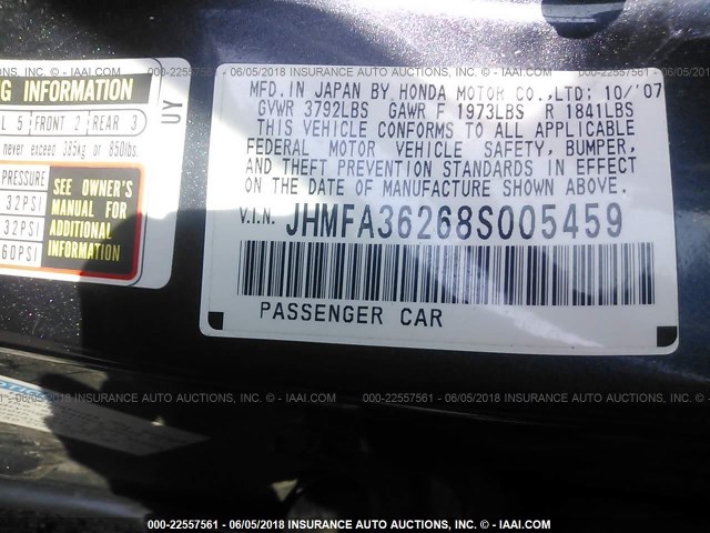 JHMFA36268S005459 - 2008 HONDA CIVIC HYBRID GRAY photo 9