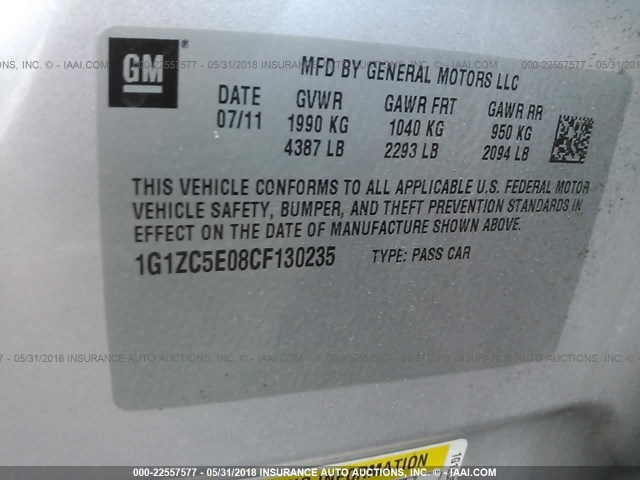 1G1ZC5E08CF130235 - 2012 CHEVROLET MALIBU 1LT 银色 照片 9