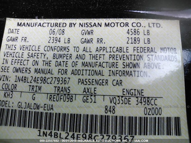 1N4BL24E98C279367 - 2008 NISSAN ALTIMA 3.5SE BLACK photo 9