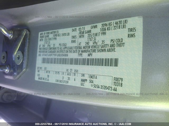 1FMCU0F71FUB55689 - 2015 FORD ESCAPE S SILVER photo 9