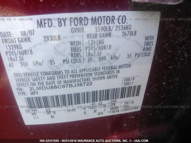 2LMDU88C97BJ36722 - 2007 LINCOLN MKX RED photo 9